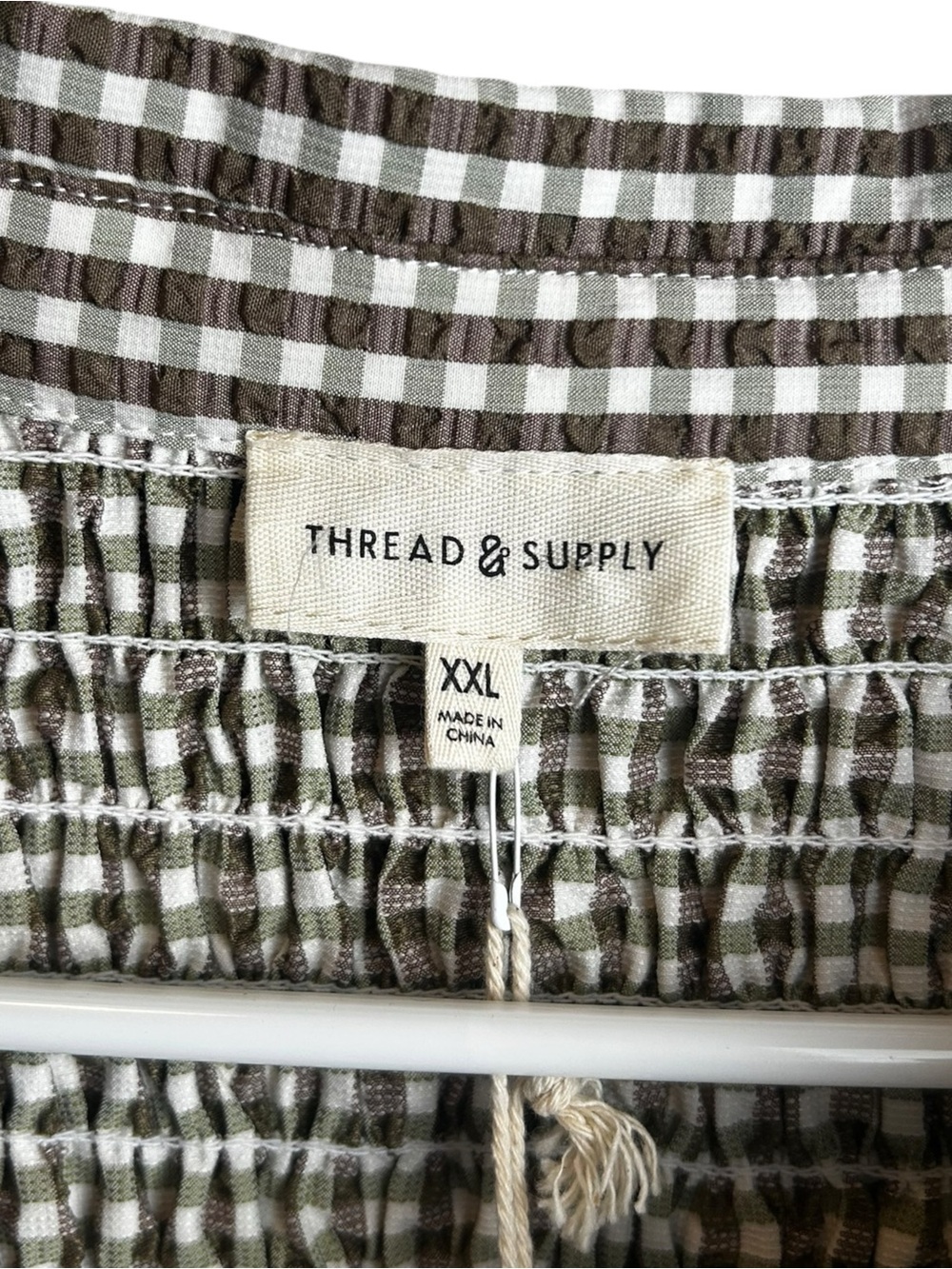 NWT Thread & Supply Top XXL Brown Olive Plaid Gingham Smocked Short Sleeve - Picture 5 of 7